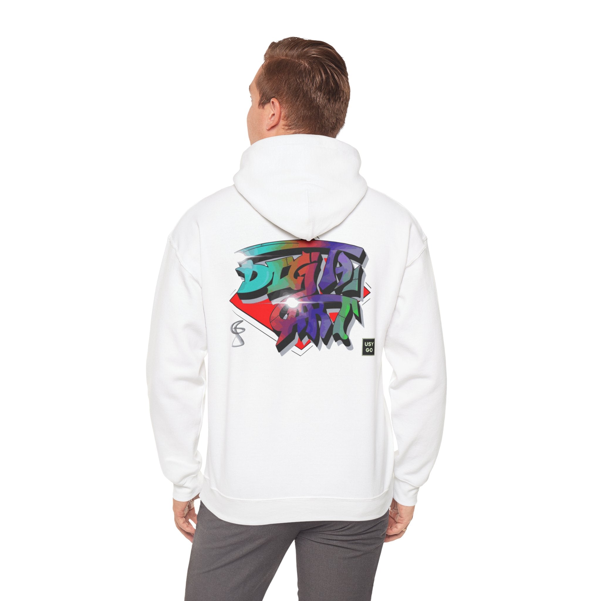 Person wearing a Heavy Blend Hoodie Gildan 18500 Unisex Jersey with DIGITAL ART design by @johnnygraff31 printed on the back. Made from 50% Cotton 50% Polyester in White. Pouch pocket and the tear-away label make for a highly comfortable, scratch-free wearing.