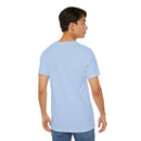 Person wearing a T-Shirt Bella+Canvas 3001 Unisex Jersey Short Sleeve Tee with no design on the back. Made from lightweight 100% Airlume combed and ring-spun cotton in Baby Blue, ideal for active and leisure wear.