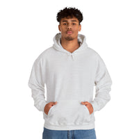 Person wearing a Heavy Blend Hoodie Gildan 18500 Unisex Jersey with blank front. Made from 50% Cotton 50% Polyester in Ash. Pouch pocket and the tear-away label make for a highly comfortable, scratch-free wearing.