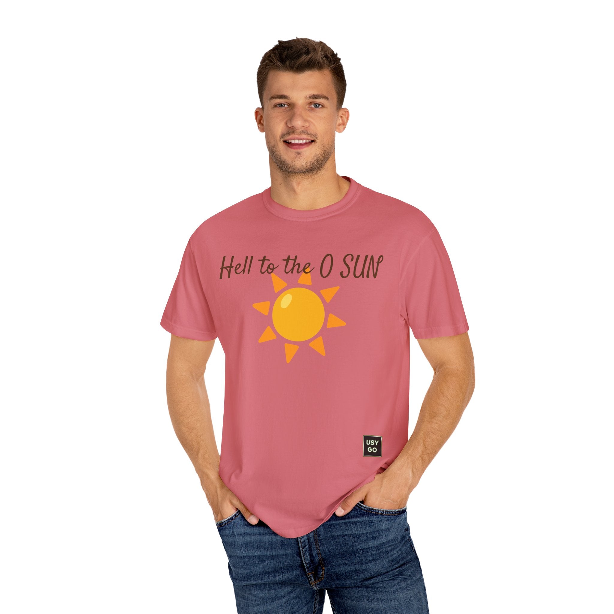 Person wearing Comfort Colors 1717 Unisex Jersey Short Sleeve Tee with Hell to the O SUN emoji design on the front  in Watermelon, ideal for active and leisure wear.