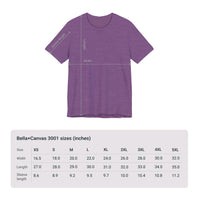 Size chart for Bella+Canvas 3001 Unisex Jersey Short Sleeve Tee featuring Clean design by @johnnygraff31. Includes measurements for chest width and length in inches or centimeters, helping customers select the right size.