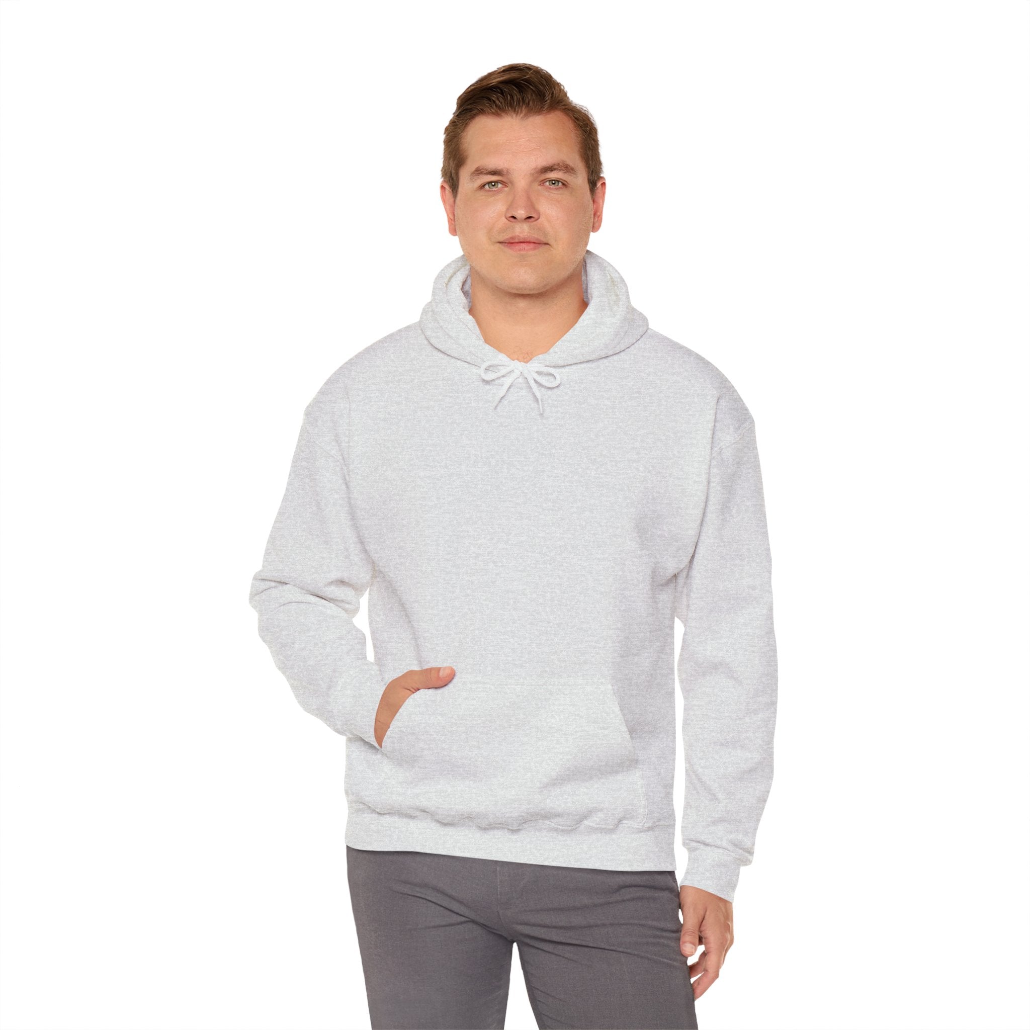 Person wearing a Heavy Blend Hoodie Gildan 18500 Unisex Jersey blank on the front. Made from 50% Cotton 50% Polyester in Ash. Pouch pocket and the tear-away label make for a highly comfortable, scratch-free wearing.