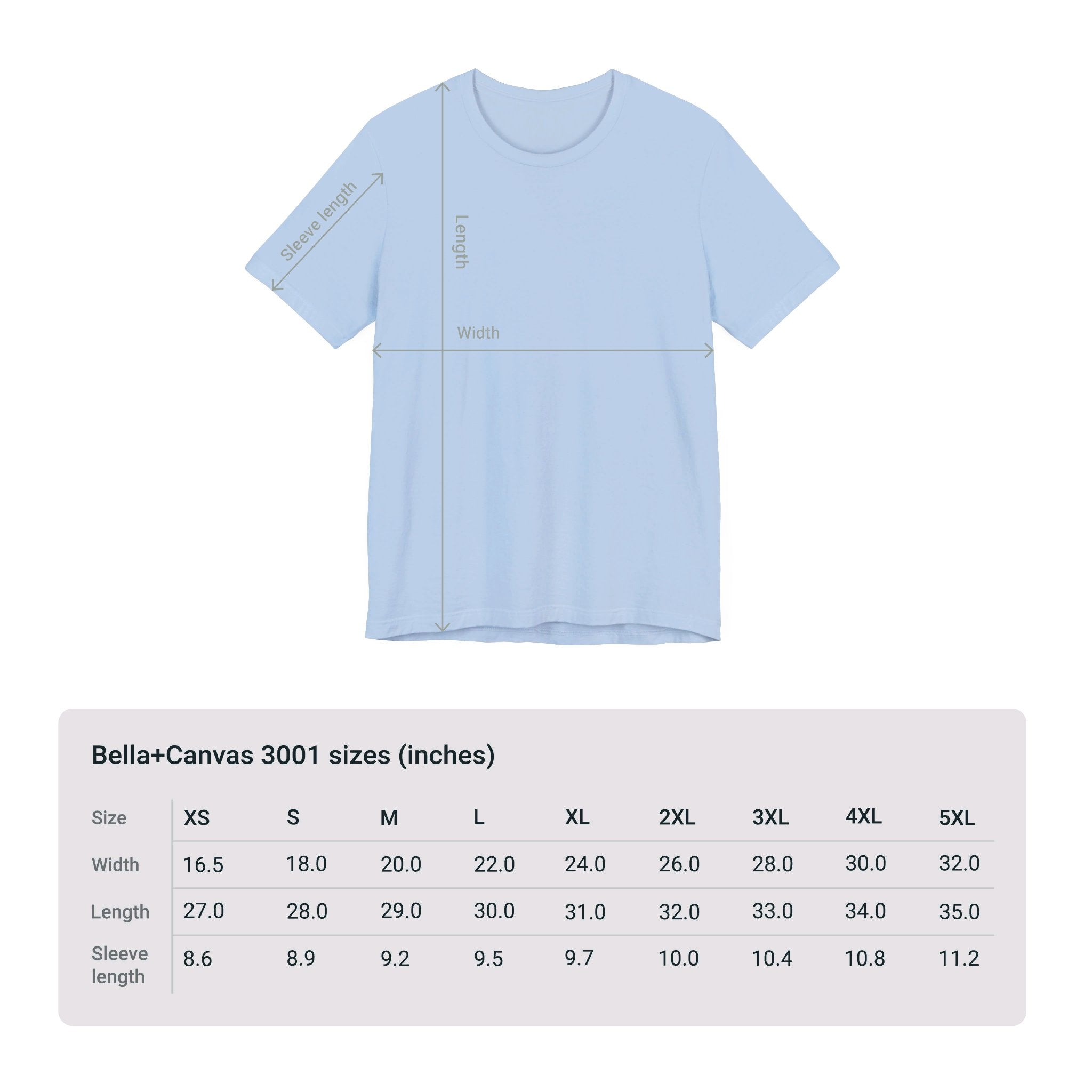 Size chart for Bella+Canvas 3001 Unisex Jersey Short Sleeve Tee featuring 39;Digital Art& design by @johnnygraff31. Includes measurements for chest width and length in inches or centimeters, helping customers select the right size.