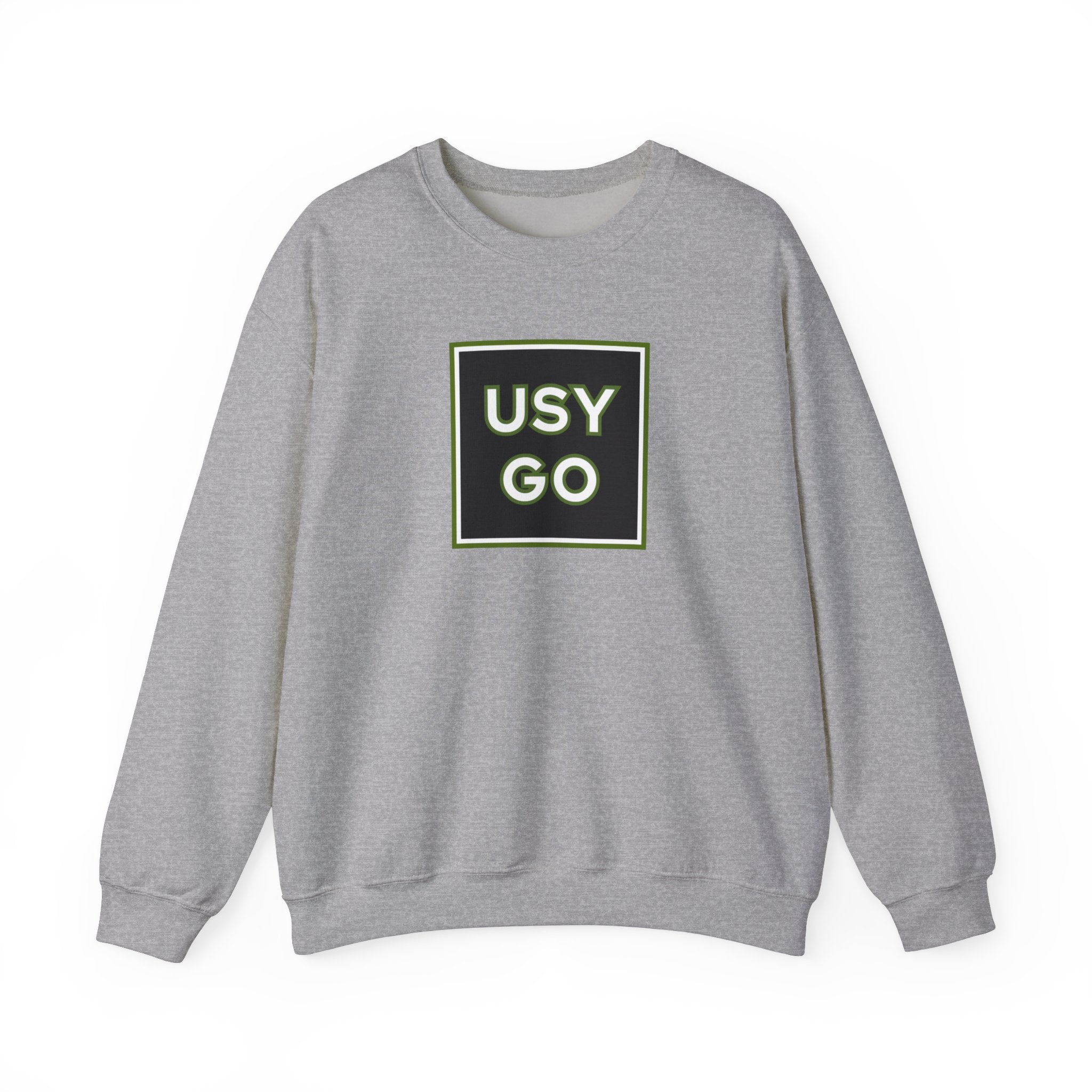 Heavy Blend Crewneck Sweatshirt Gildan 18000 Unisex with USYGO logo on the front. Made from 50% Cotton 50% Polyester in Sport Grey.