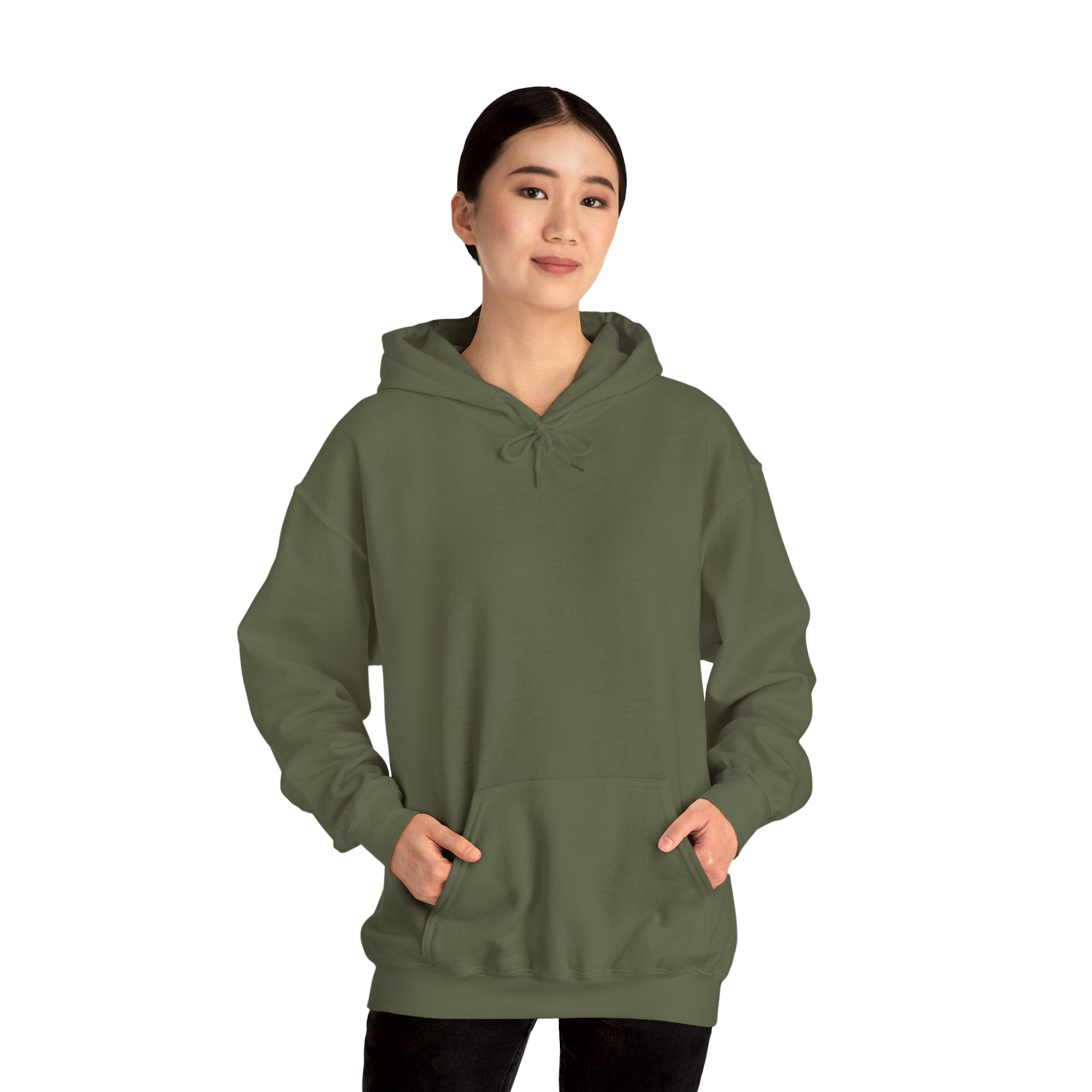 Person wearing a Heavy Blend Blank Hoodie in front Gildan 18500 Unisex Jersey. Made from 50% Cotton 50% Polyester in Military Green. Highly comfortable, scratch-free wearing