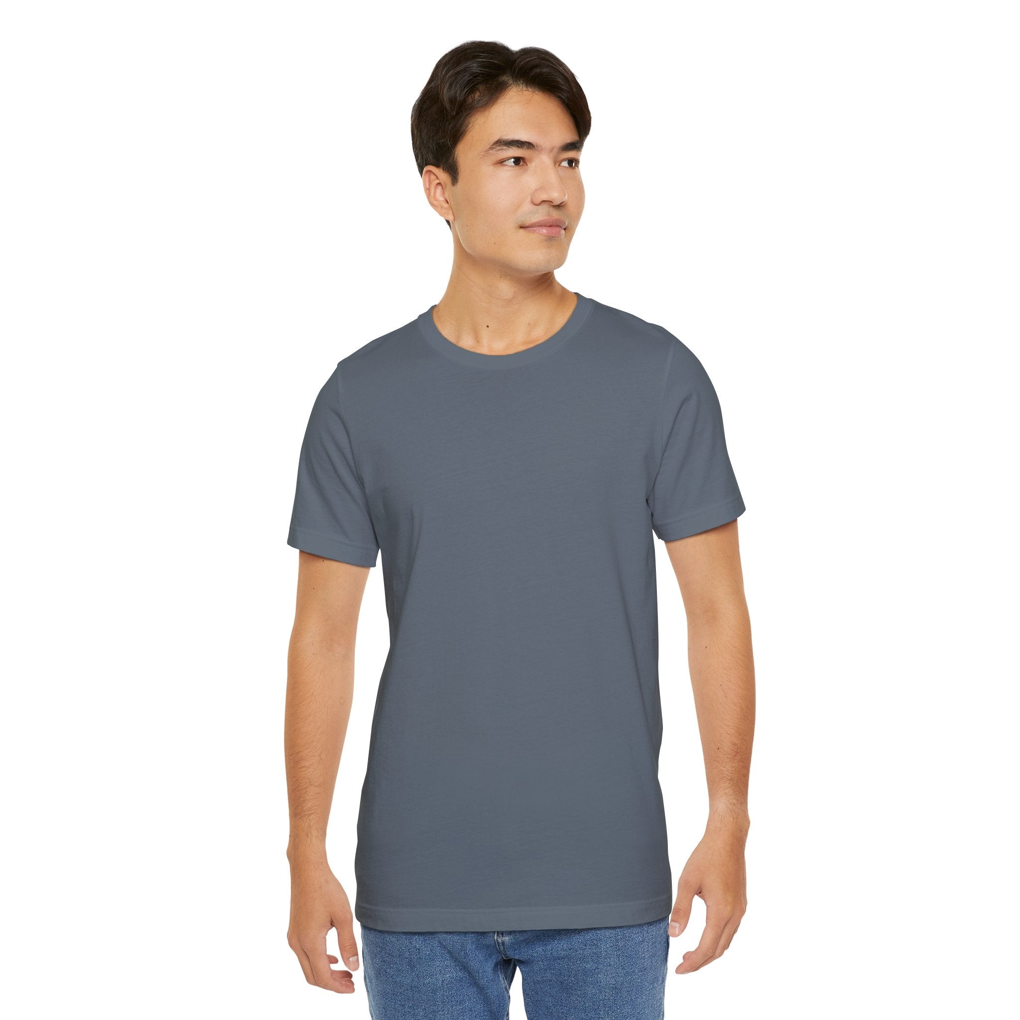 Person wearing a T-Shirt Bella+Canvas 3001 Unisex Jersey Short Sleeve Tee with no design in front. Made from lightweight 100% Airlume combed and ring-spun cotton in Steel Blue, ideal for active and leisure wear.