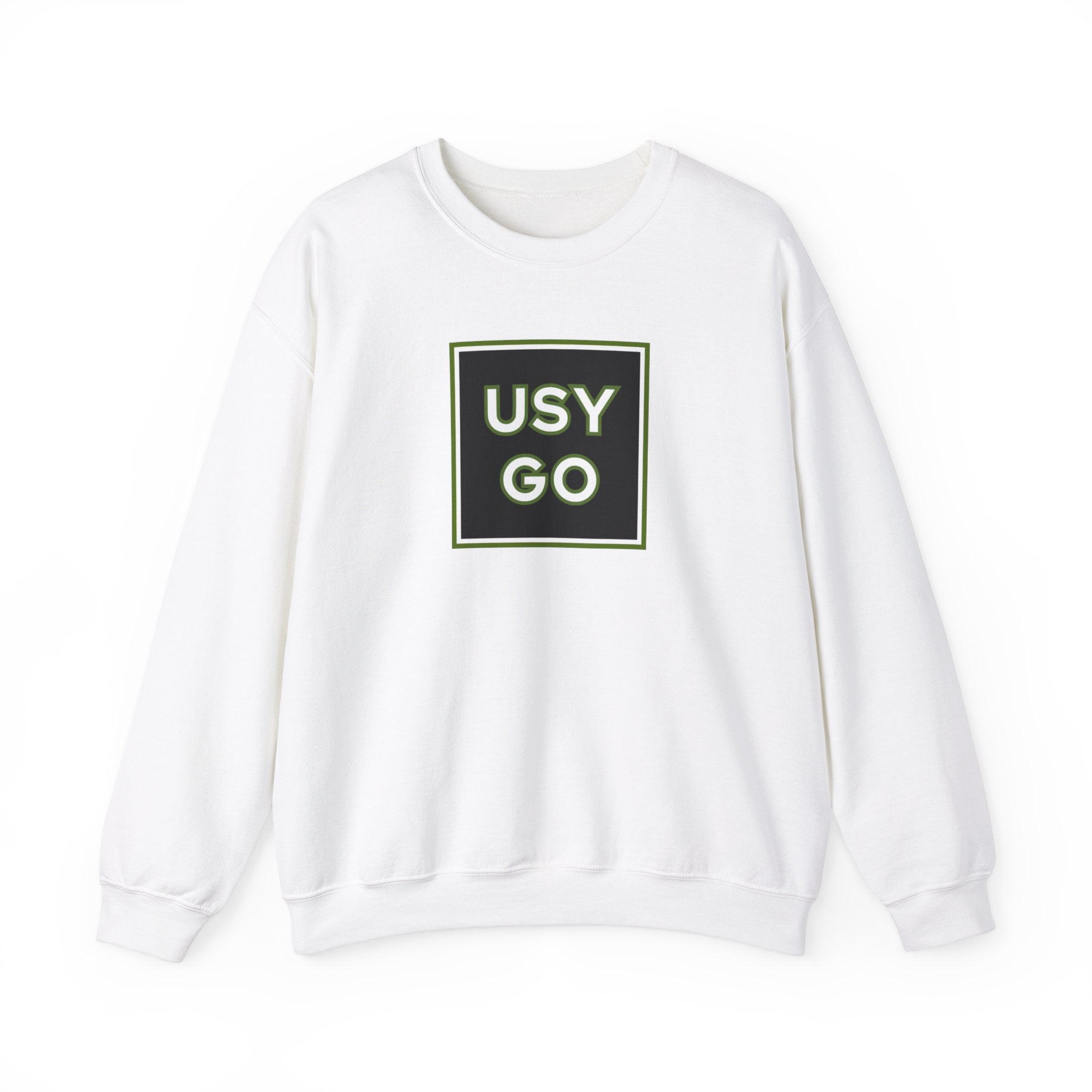 Heavy Blend Crewneck Sweatshirt Gildan 18000 Unisex with USYGO logo on the front. Made from 50% Cotton 50% Polyester in White.