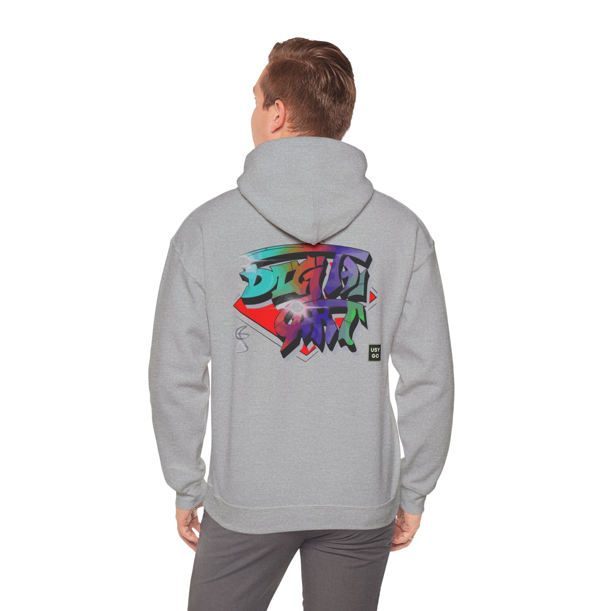 Person wearing a Heavy Blend Hoodie Gildan 18500 Unisex Jersey with DIGITAL ART design by @johnnygraff31 printed on the back. Made from 50% Cotton 50% Polyester in Sport Grey. Pouch pocket and the tear-away label make for a highly comfortable, scratch-free wearing.