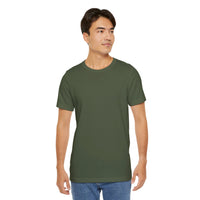 Person wearing Bella+Canvas 3001 Unisex Jersey Short Sleeve Tee with no design on the front. Made from lightweight 100% Airlume combed and ring-spun cotton in Military Green, ideal for active and leisure wear.