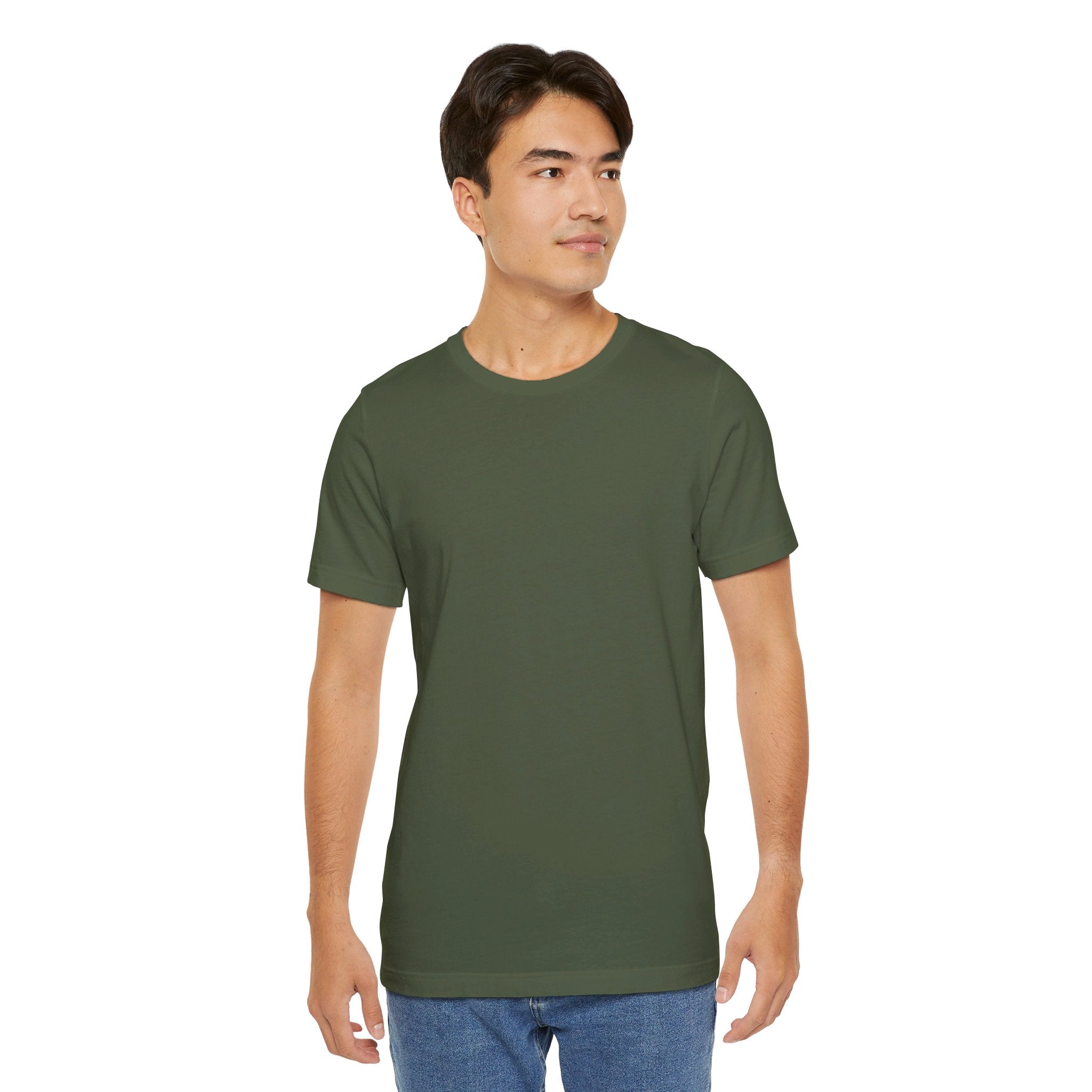 Person wearing Bella+Canvas 3001 Unisex Jersey Short Sleeve Tee with no design on the front. Made from lightweight 100% Airlume combed and ring-spun cotton in Military Green, ideal for active and leisure wear.