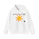 Heavy Blend Hoodie Gildan 18500 Unisex Jersey with Heel to the O SUN design printed on the front. Made from 50% Cotton 50% Polyester in White. Pouch pocket and the tear-away label make for a highly comfortable