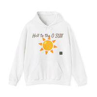 Heavy Blend Hoodie Gildan 18500 Unisex Jersey with Heel to the O SUN design printed on the front. Made from 50% Cotton 50% Polyester in White. Pouch pocket and the tear-away label make for a highly comfortable