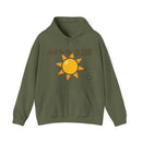 Heavy Blend Hoodie Gildan 18500 Unisex Jersey with Heel to the O SUN design printed on the front. Made from 50% Cotton 50% Polyester in Military Green. Pouch pocket and the tear-away label make for a highly comfortable