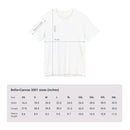 Size chart for Bella+Canvas 3001 Unisex Jersey Short Sleeve Tee featuring ABSTRACT design by @johnnygraff31. Includes measurements for chest width and length in inches or centimeters, helping customers select the right size.