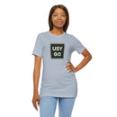 Person wearing a T-Shirt Bella+Canvas 3001 Unisex Jersey Short Sleeve Tee with USYGO logo on the front. Made from lightweight 100% Airlume combed and ring-spun cotton in Light Blue, ideal for active and leisure wear.