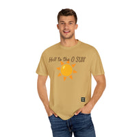 Person wearing Comfort Colors 1717 Unisex Jersey Short Sleeve Tee with Hell to the O SUN emoji design on the front  in Mustard, ideal for active and leisure wear.