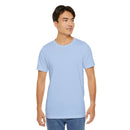 Person wearing a T-Shirt Bella+Canvas 3001 Unisex Jersey Short Sleeve Tee withno designe on the front. Made from lightweight 100% Airlume combed and ring-spun cotton in Baby Blue, ideal for active and leisure wear.