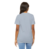 Person wearing Bella+Canvas 3001 Unisex Jersey Short Sleeve Tee with no design on the back. Made from lightweight 100% Airlume combed and ring-spun cotton in Light Blue, ideal for active and leisure wear.