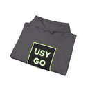 Close-up of a folded Heavy Blend Hoodie Gildan 18500 Unisex Jersey with big USYGO logo on the front. Made from 50% Cotton 50% Polyester in Charcoal. Pouch pocket and the tear-away label make for a highly comfortable, scratch-free wearing.