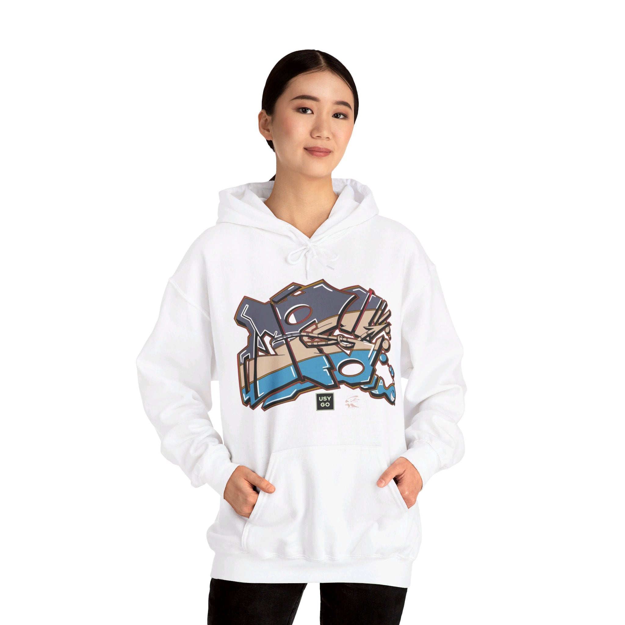 Person wearing a Heavy Blend Hoodie Gildan 18500 Unisex Jersey with JG Fish design by @johnnygraff31 printed on the front. Made from 50% Cotton 50% Polyester in White. Pouch pocket and the tear-away label make for a highly comfortable