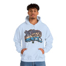 Person wearing a Heavy Blend Hoodie Gildan 18500 Unisex Jersey with JG Fish design by @johnnygraff31 printed on the front. Made from 50% Cotton 50% Polyester in Light Blue. Pouch pocket and the tear-away label make for a highly comfortable