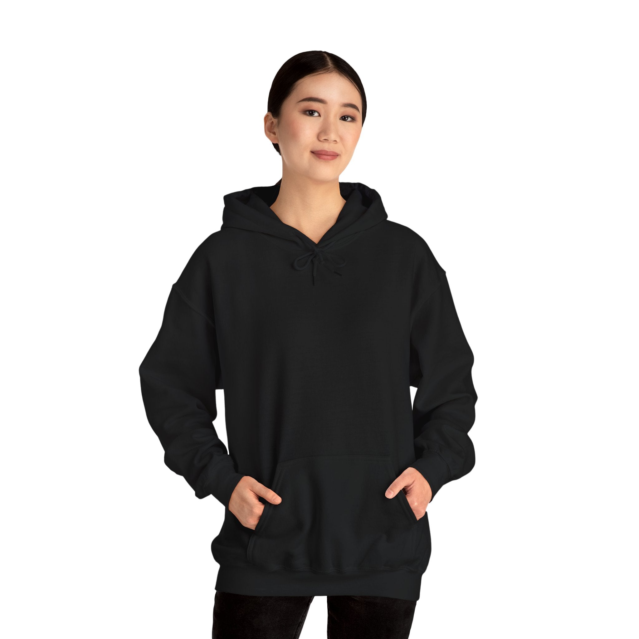 Person wearing a Heavy Blend Hoodie Gildan 18500 Unisex Jersey blank on the front. Made from 50% Cotton 50% Polyester in Black. Pouch pocket and the tear-away label make for a highly comfortable, scratch-free wearing.