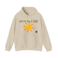 Heavy Blend Hoodie Gildan 18500 Unisex Jersey with Heel to the O SUN design printed on the front. Made from 50% Cotton 50% Polyester in Sand. Pouch pocket and the tear-away label make for a highly comfortable