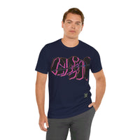 Person wearing Bella+Canvas 3001 Unisex Jersey Short Sleeve Tee with Graffiti Clean design on the front. Design is in Black and Pink. Made from lightweight 100% Airlume combed and ring-spun cotton in Navy, ideal for active and leisure wear.