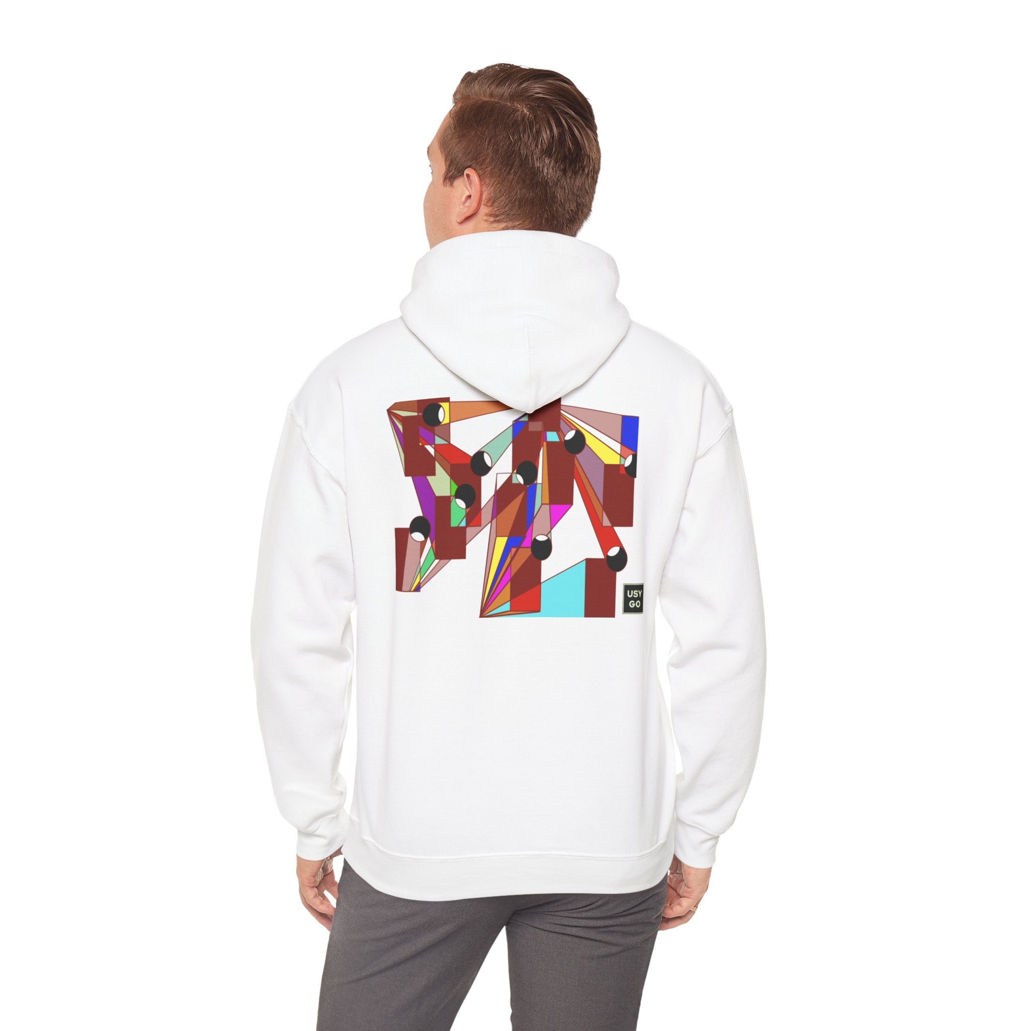 Person wearing a Heavy Blend Hoodie Gildan 18500 Unisex Jersey with DISCO design by @johnnygraff31 printed on the back. Made from 50% Cotton 50% Polyester in White. Pouch pocket and the tear-away label make for a highly comfortable, scratch-free wearing