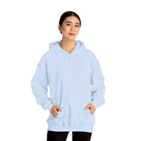 Person wearing a Heavy Blend Blank Hoodie in front Gildan 18500 Unisex Jersey. Made from 50% Cotton 50% Polyester in Light Blue. Highly comfortable, scratch-free wearing