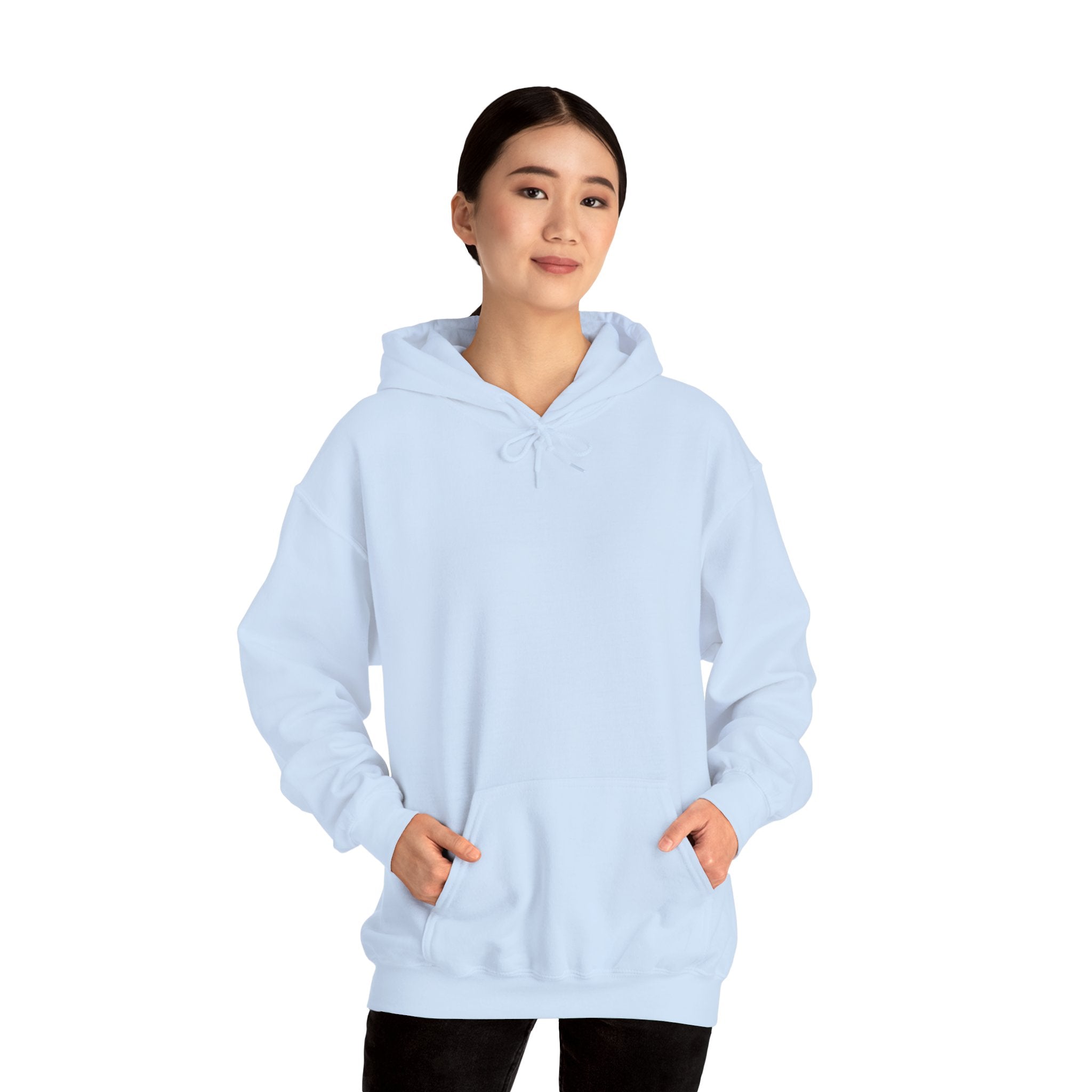 Person wearing a Heavy Blend Blank Hoodie in front Gildan 18500 Unisex Jersey. Made from 50% Cotton 50% Polyester in Light Blue. Highly comfortable, scratch-free wearing