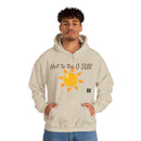 Person wearing a Heavy Blend Hoodie Gildan 18500 Unisex Jersey with Heel to the O SUN design printed on the front. Made from 50% Cotton 50% Polyester in Sand. Pouch pocket and the tear-away label make for a highly comfortable