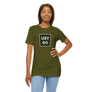 Person wearing a T-Shirt Bella+Canvas 3001 Unisex Jersey Short Sleeve Tee with USYGO logo on the front. Made from lightweight 100% Airlume combed and ring-spun cotton in Olive, ideal for active and leisure wear.