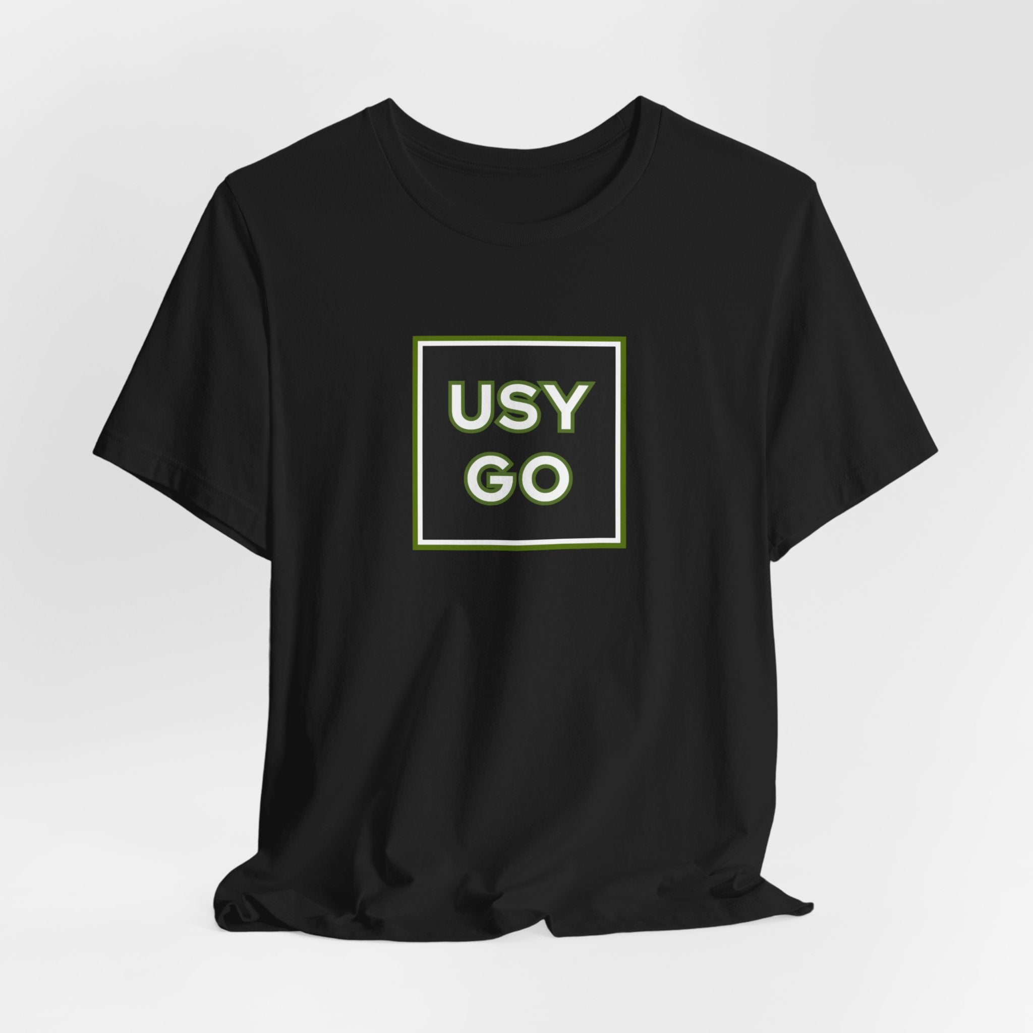 T-Shirt Bella+Canvas 3001 Unisex Jersey Short Sleeve Tee with USYGO logo on the front. Made from lightweight 100% Airlume combed and ring-spun cotton in Black, ideal for active and leisure wear.