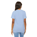 Person wearing Bella+Canvas 3001 Unisex Jersey Short Sleeve Tee with no design on the back. Made from lightweight 100% Airlume combed and ring-spun cotton in Baby Blue, ideal for active and leisure wear.