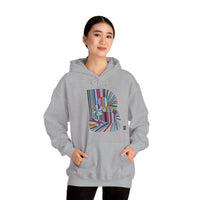 Person wearing a Heavy Blend Hoodie Gildan 18500 Unisex Jersey with ABSTRACT design by @johnnygraff31 printed on the front. Made from 50% Cotton 50% Polyester in Sport Grey. Pouch pocket and the tear-away label make for a highly comfortable.