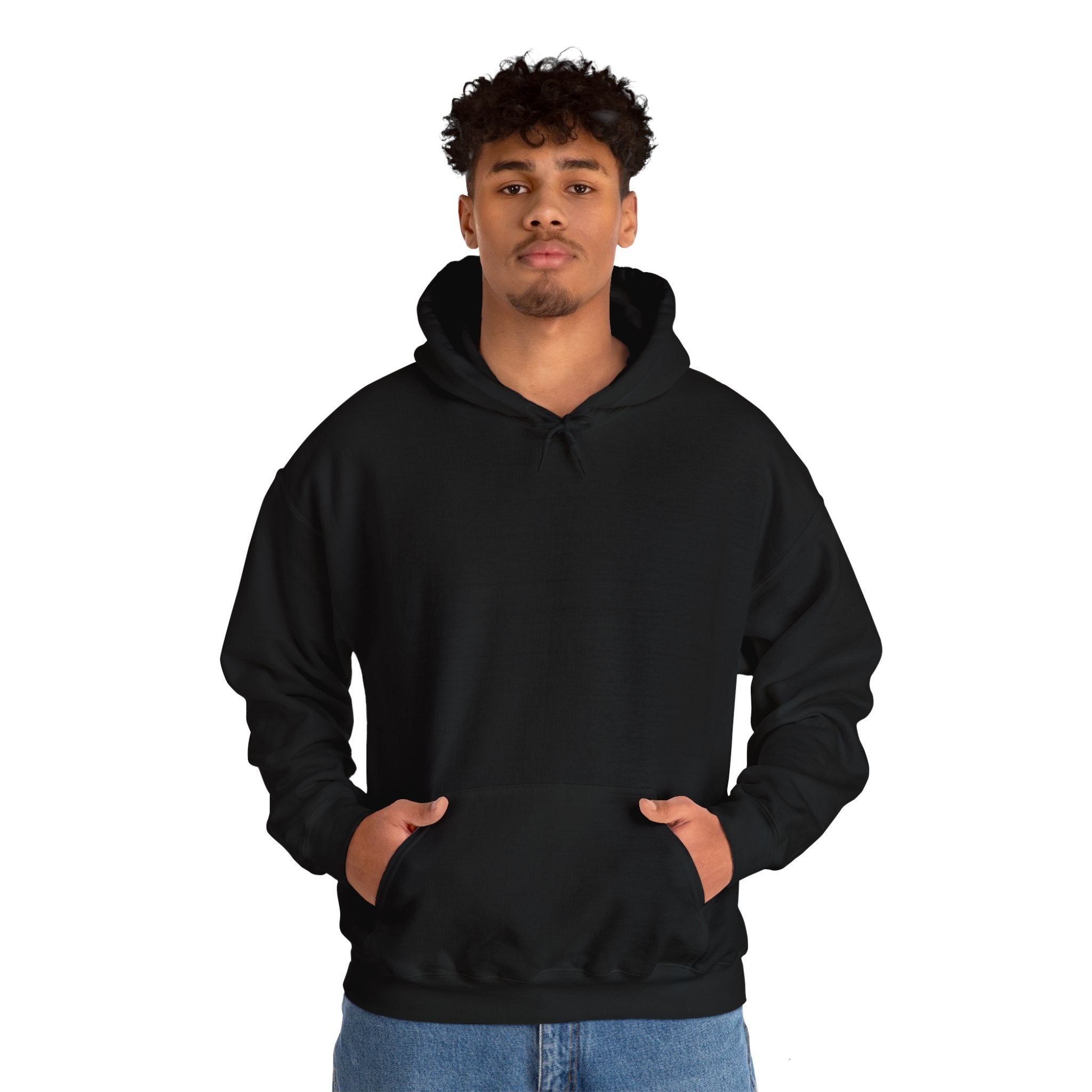 Person wearing a Heavy Blend Hoodie Gildan 18500 Unisex Jersey with blank front. Made from 50% Cotton 50% Polyester in Black. Pouch pocket and the tear-away label make for a highly comfortable, scratch-free wearing.