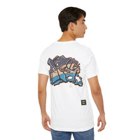 Person wearing Bella+Canvas 3001 Unisex Jersey Short Sleeve Tee with JG Fish Graffiti design on the back. Made from lightweight 100% Airlume combed and ring-spun cotton in White, ideal for active and leisure wear