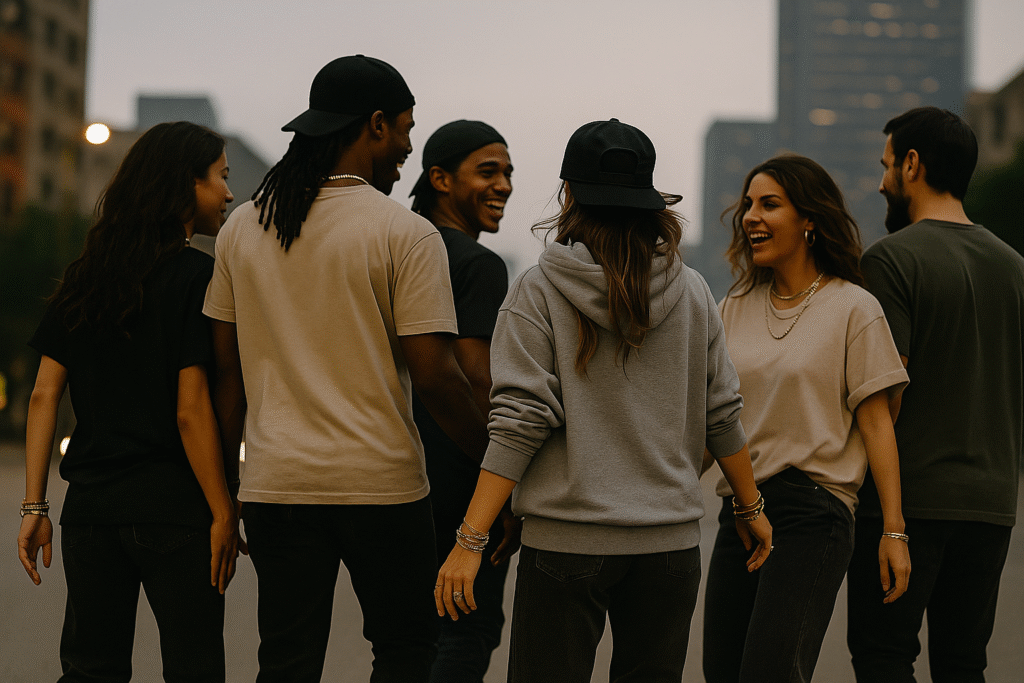Group of young adults laughing and walking together in an urban setting — USYGO streetwear lifestyle banner.