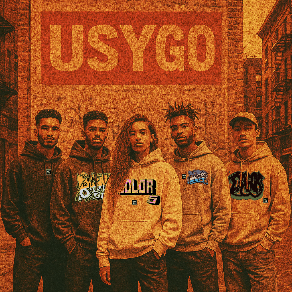 Group of young streetwear models wearing USYGO hoodies in an urban alley lookbook shoot.